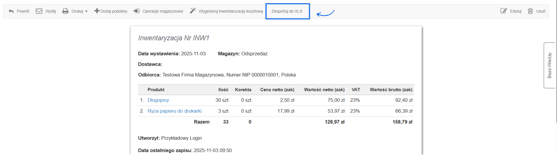 Dokument magazynowy inwentaryzacja z możliwością wydruku, pobrania do PDF lub eksportu danych do XLS.