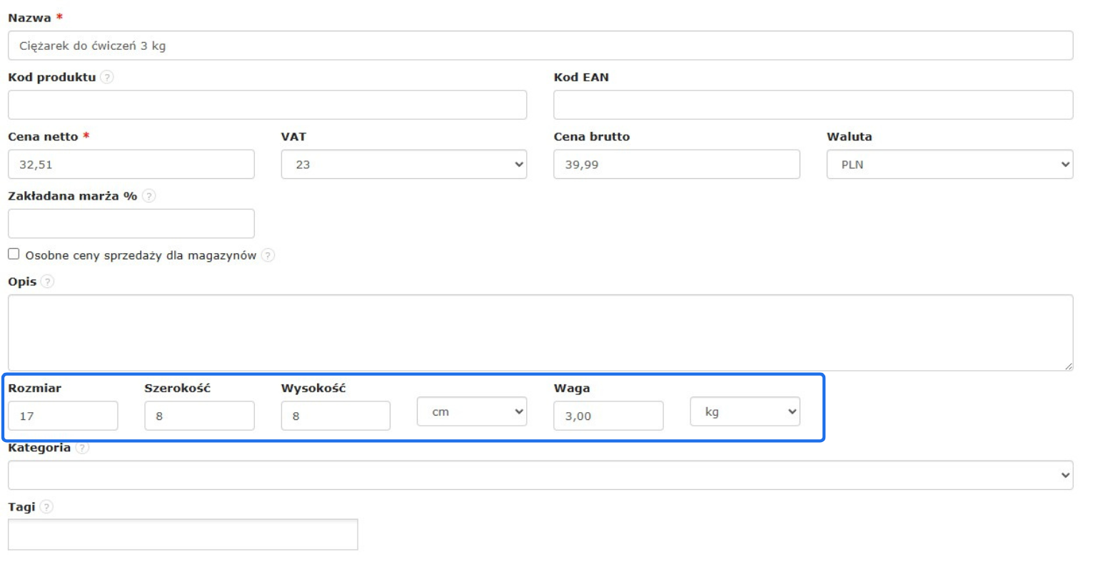 Formularz edycji produktu "Ciężarek do ćwiczeń 3 kg" z uzupełnionymi polami rozmiaru 17×8×8 cm i wagą 3 kg.