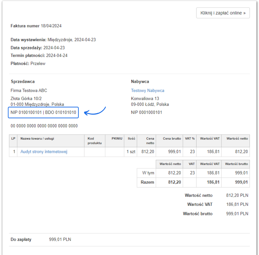Szczegółowa faktura firmy Testowa ABC z pozycją na audyt strony internetowej, z opcją płatności online.