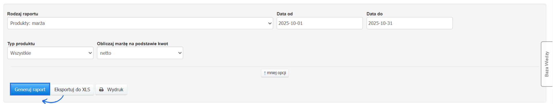 Formularz generowania raportu Produkty: marża z możliwością ustawienia parametrów takich jak: zakres dat, typ produktu i podstawa wyliczania marży. 
