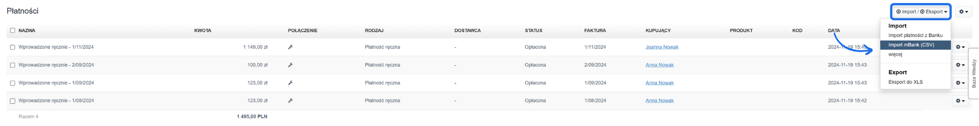 Widok panelu płatności z listą transakcji, funkcją eksportu do XLS i importu płatności z mBanku w formacie CSV w menu rozwijanym.
