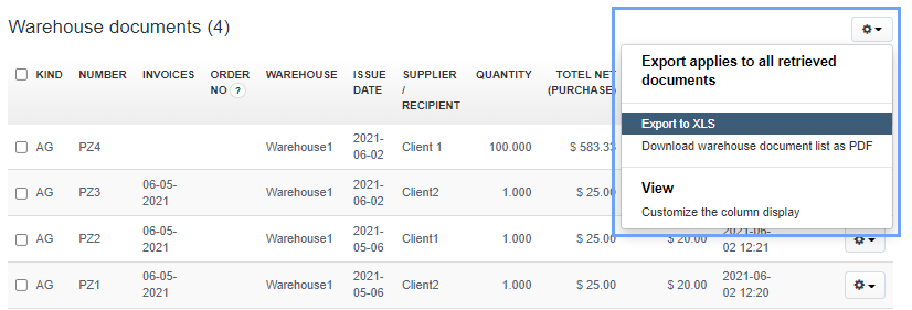 Warehouse documents filtering 6