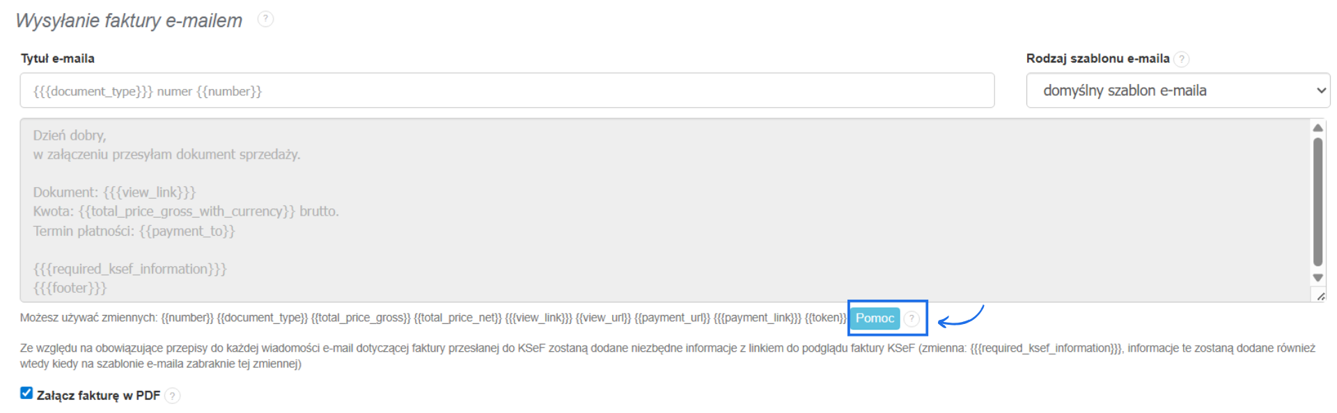 Formularz z domyślnym szablonem wysyłki e-maila z opcją pomoc, dzięki której można skonfigurować własną treść e-maila.