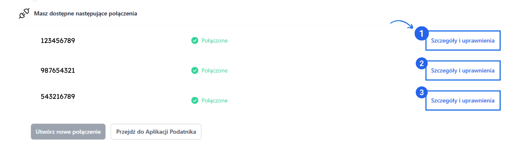 Lista połączeń KSeF ze statusem „Połączone