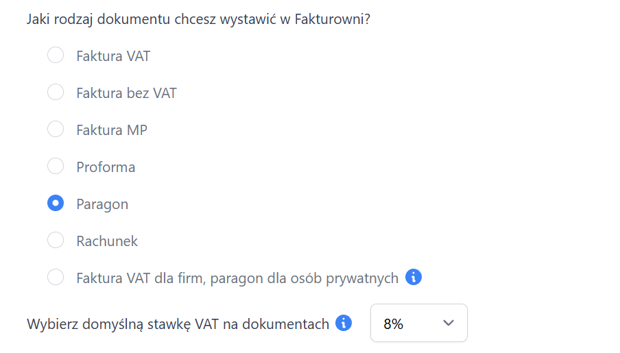 Ustawienia wtyczki integrującej Fakturownię z Allegro z możliwością wyboru typu dokumentu, jaki ma się pojawić w systemie np. faktura VAT, proforma, paragon.