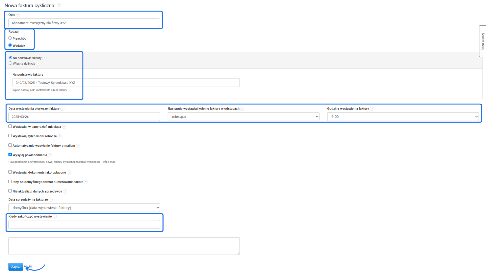 Formularz tworzenia cyklicznego wydatku w Fakturowni z ustawionym opisem, datą pierwszej faktury i miesięczną częstotliwością.