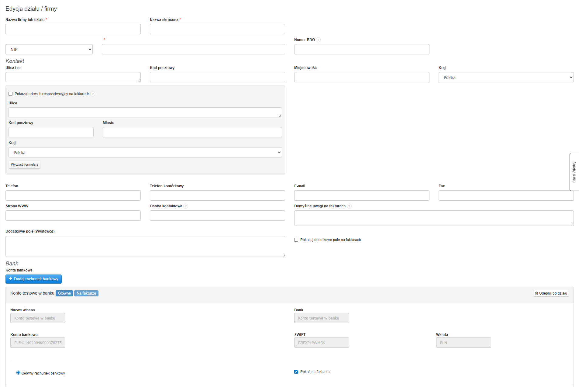 Formularz danych firmy w systemie Fakturownia z dodanym numerem konta bankowego w sekcji Bank.