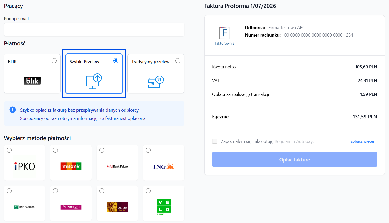 Ekran płatności online z wyborem metody: BLIK, szybki przelew, tradycyjny przelew, opcje banków oraz szczegóły faktury z podsumowaniem kwoty do zapłaty.