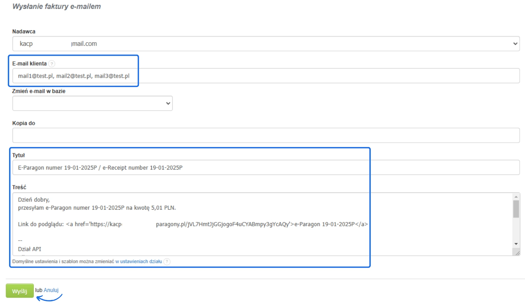 Formatka wysyłki e-paragonu w systemie Fakturownia z widocznymi polami adresata, tytułu wiadomości oraz treści e-maila z linkiem do paragonu.