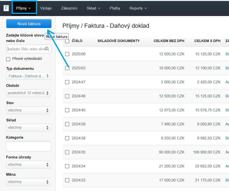 Zmena oddeleni pridat fakturu