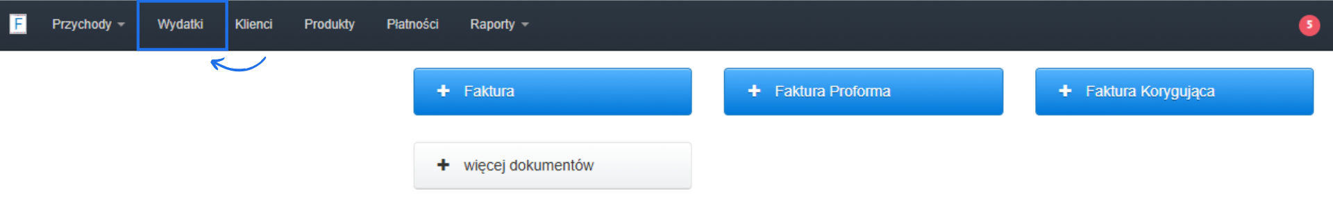 Zakładka wydatki do tworzenia faktur kosztowych na koncie w Fakturowni.