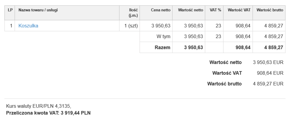 Faktura przychodowa z wartościami w EUR i przeliczoną wartością VATu według kursu.