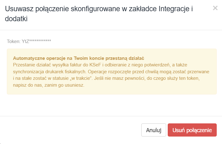 Komunikat systemowy przy usunięciu systemowego klucza API z informacją, jakie opcje przestaną działać po usunięciu tokena API.