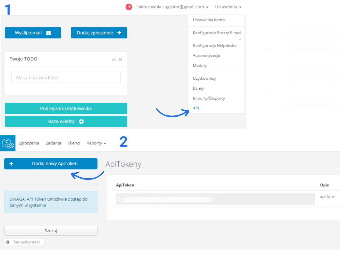 Ustawienia systemu Sugester z możliwością wygenerowania tokenu API niezbędnego do integracji Fakturowni z Sugetserem.