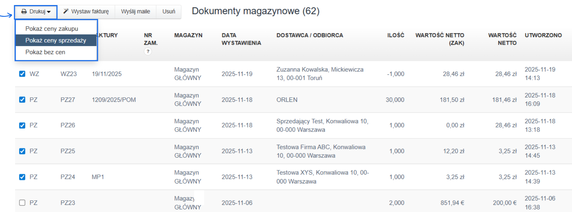 Menu podręczne na liście dokumentów magazynowych w systemie Fakturownia z aktywną opcją drukuj i dostępnymi do wyboru opcjami wydruku z cenami sprzedaży, zakupu lub bez cen.