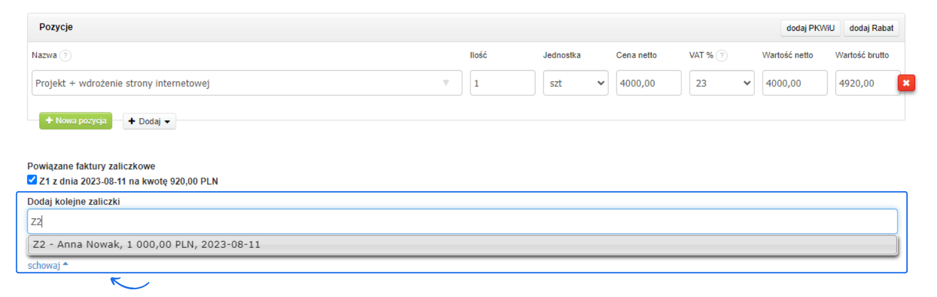 Ekran edycji faktury końcowej z sekcją dodawania powiązanych faktur zaliczkowych, wprowadzenie faktury Z2.