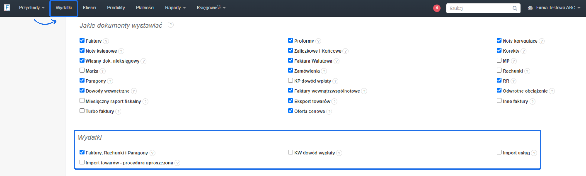 Ustawienia dokumentów w programie Fakturownia, zakładka Wydatki, z zaznaczonymi opcjami Faktury, Rachunki i Paragony, oraz Import towarów - procedura uproszczona.