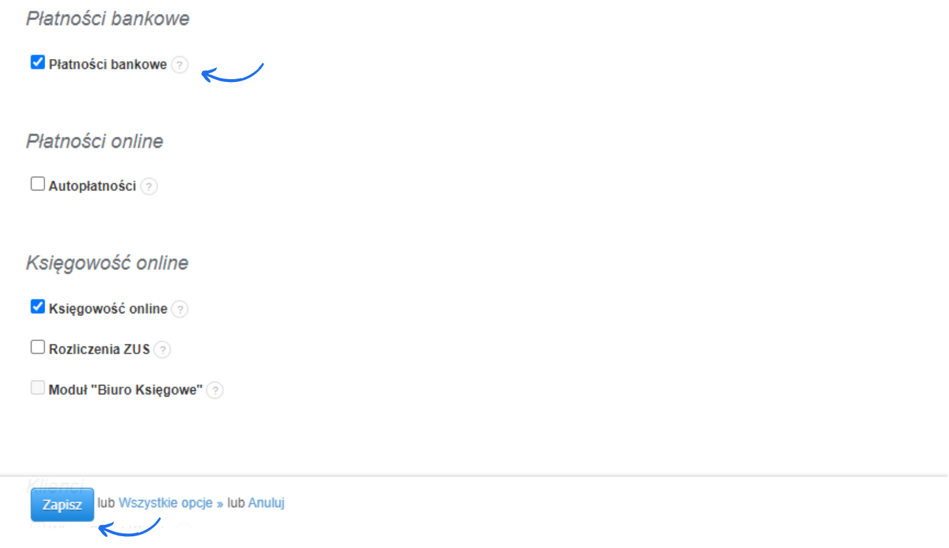 Ustawienia płatności bankowych i księgowości online z zaznaczonymi opcjami oraz przyciskiem zapisu zmian.