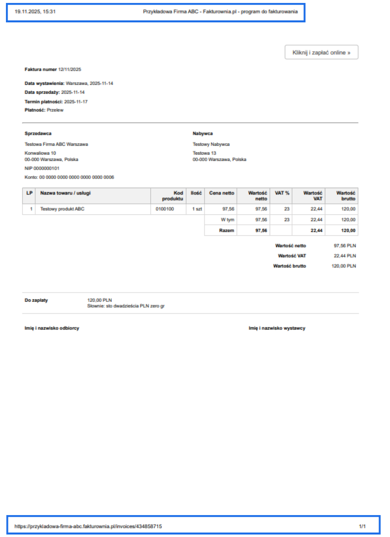 Przykład wydruku faktury z widocznym nagłówkiem i stopką dodaną przez przeglądarkę.