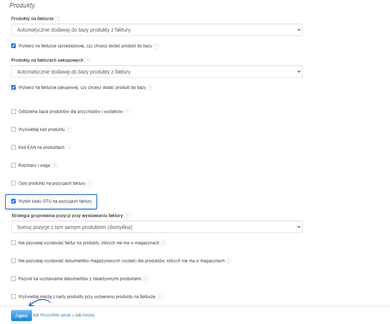 Ustawienia systemu do fakturowania, który pozwala wybierać kody GTU, czyli towarów i usług z poziomu pozycji na fakturze. 