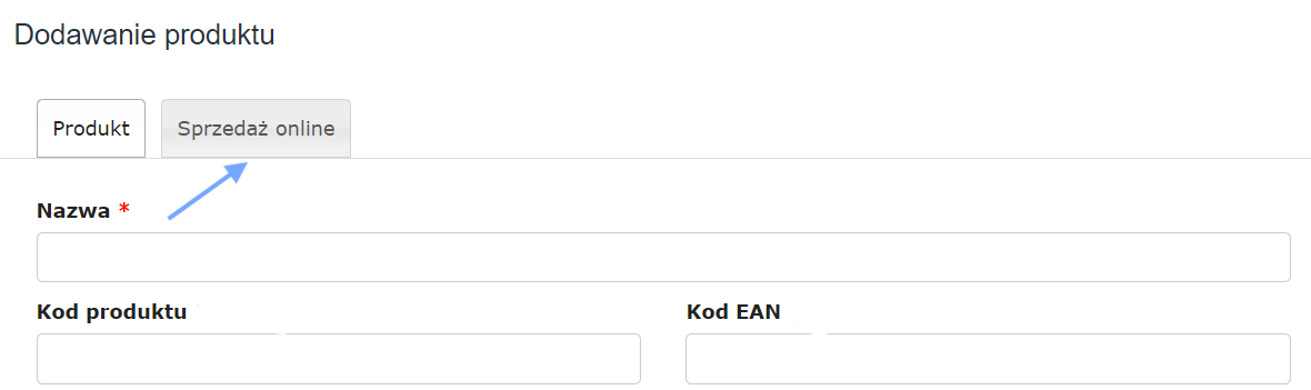Widok dodawania produktu z zaznaczoną zakładką 'Sprzedaż online', umożliwiającą ustawienia sprzedaży internetowej produktu.