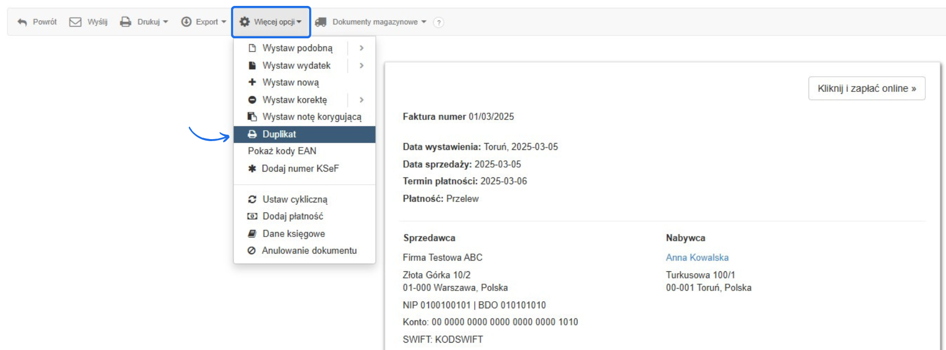 Opcje zarządzania fakturą w systemie Fakturownia, z rozwiniętym menu 'Więcej opcji' i podświetloną funkcją 'Duplikat'.