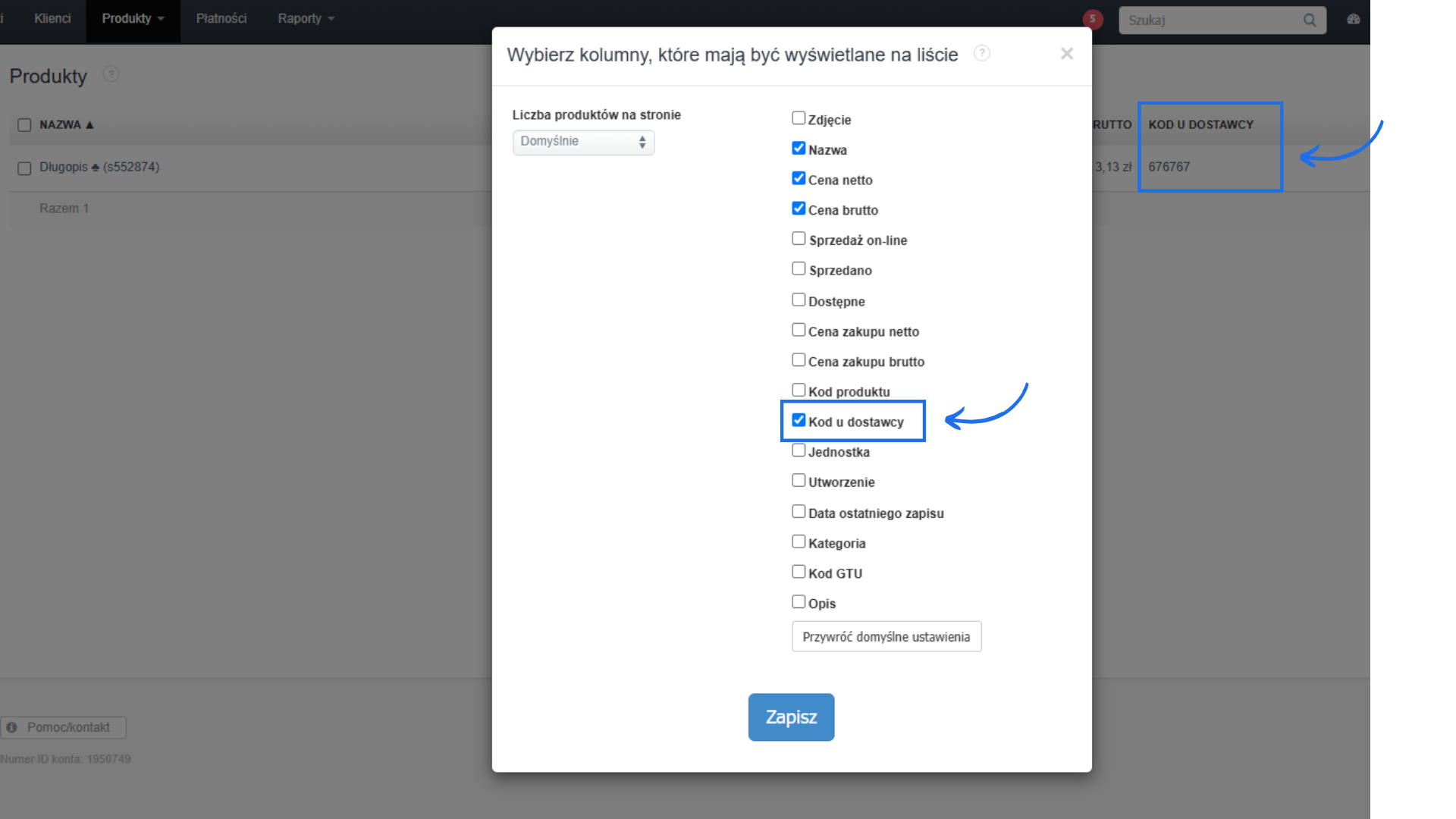 Ustawienia listy produktów z zaznaczoną opcją wyświetlania kolumny „Kod u dostawcy” widocznej obok ceny brutto.