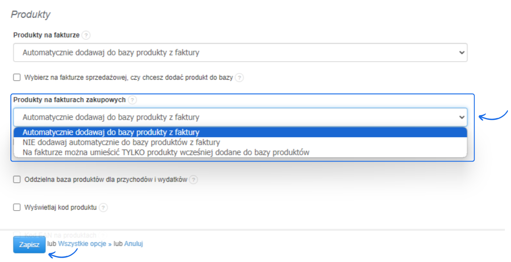 Opcje konfiguracji produktów na fakturach zakupowych w systemie Fakturownia.pl, z ustawieniem 'Automatycznie dodawaj do bazy produkty z faktury'.