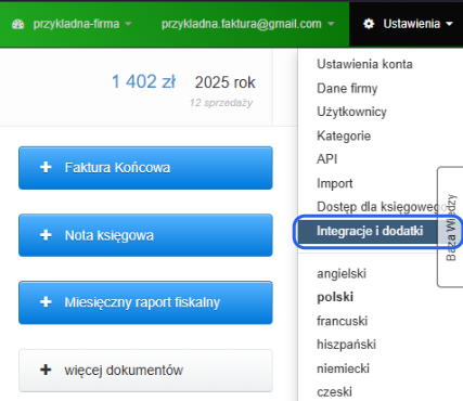 Panel zarządzania dokumentami w Fakturowni z otwartym menu ‘Ustawienia’. Zaznaczona opcja ‘Integracje i dodatki’, obok przyciski do wystawiania dokumentów