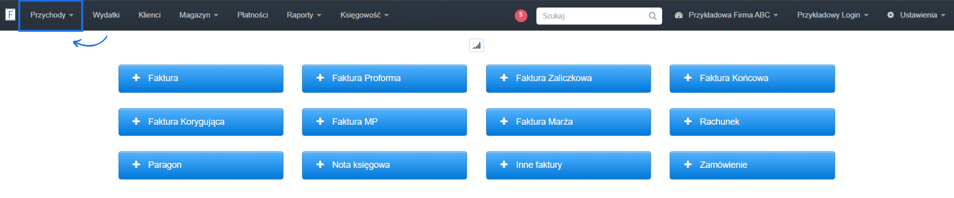 Strona główna w systemie Fakturownia z przyciskami do wystawiania konkretnych dokumentów i aktywną zakładką przychody.