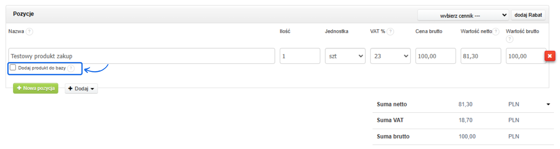 Formularz dodawania pozycji do faktury zakupowej. Pole 'Testowy produkt zakup' z opcją 'Dodaj produkt do bazy' do wyboru. Widoczne pola ilości, jednostki, VAT i ceny.