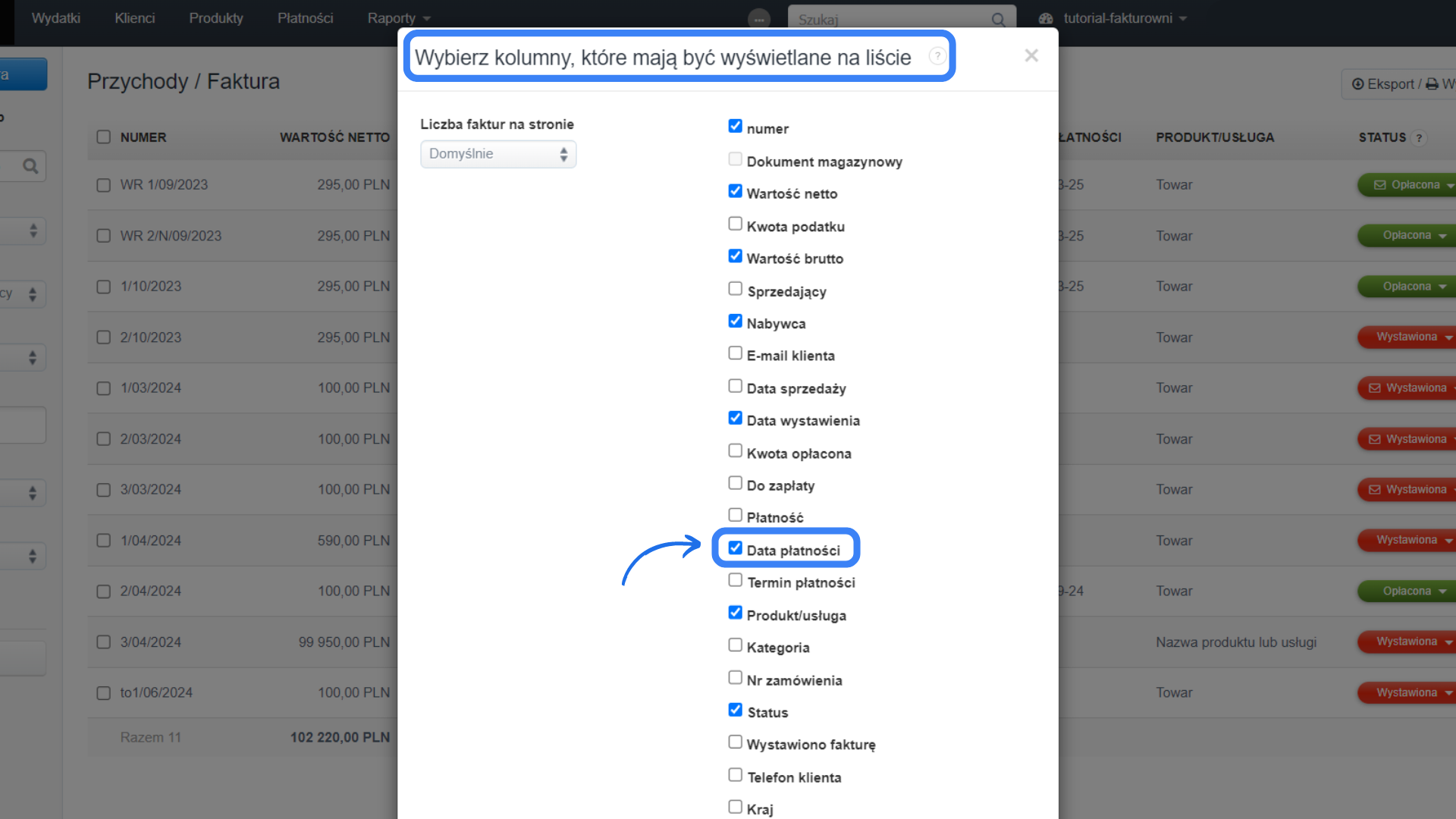 dodanie daty płatności na liście faktur