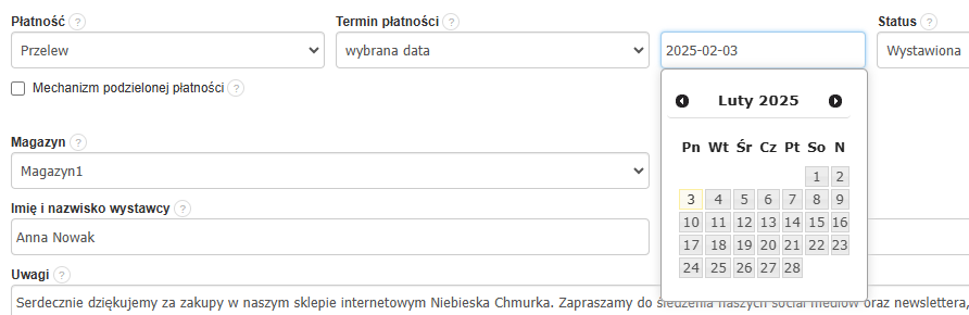 Formularz ustawień faktury w systemie. Wybrane opcje to płatność 'Przelew', magazyn 'Magazyn1', imię i nazwisko wystawcy 'Anna Nowak', a status faktury to 'Wystawiona'. Otwarty kalendarz pokazuje wybraną datę terminu płatności jako '3 lutego 2025'. W polu uwag znajduje się komunikat podziękowania za zakupy i zaproszenie do śledzenia social mediów oraz newslettera.