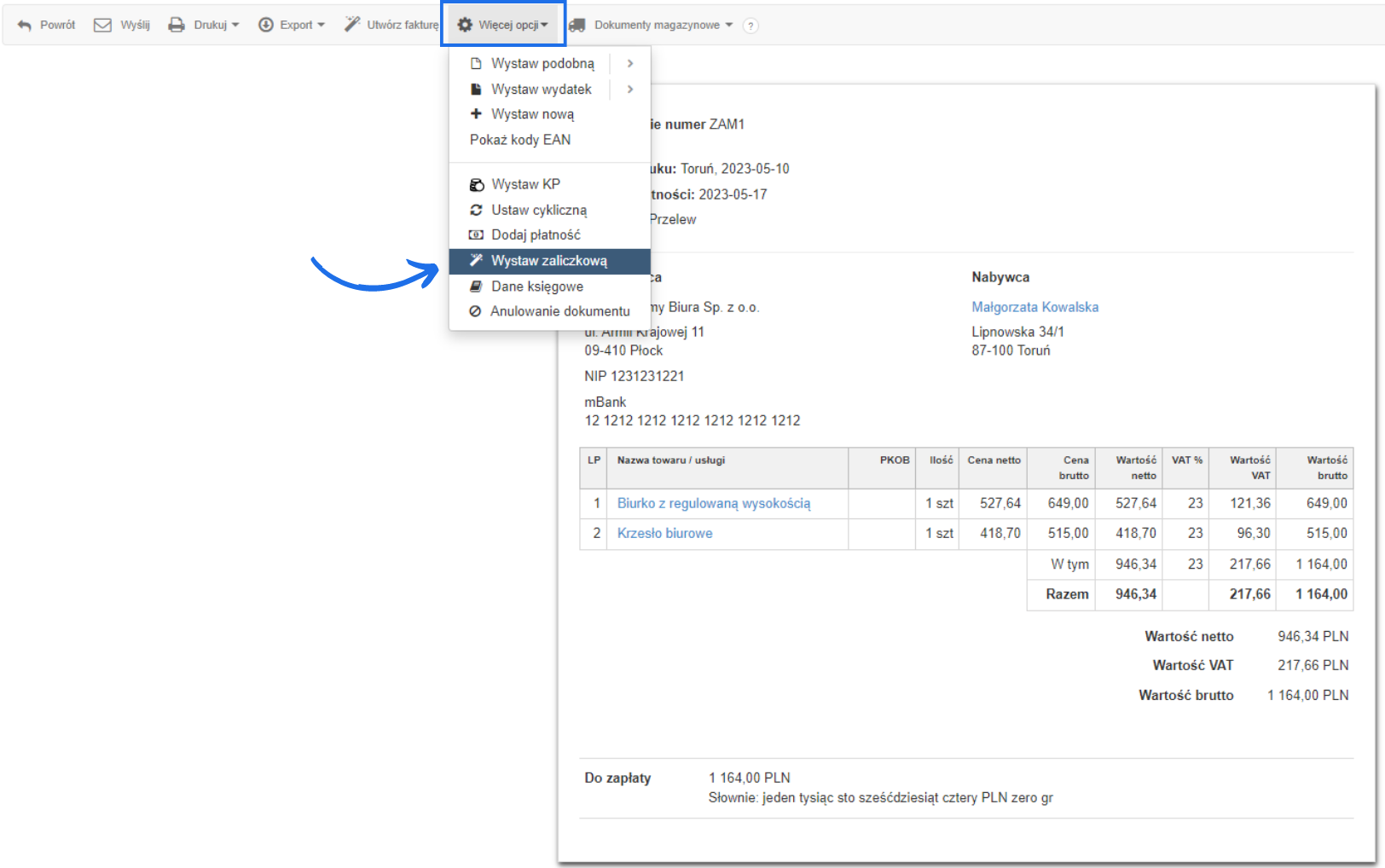 Podgląd zamówienia w systemie fakturowania z opcją wystawienia faktury zaliczkowej, zawierający szczegóły zamówienia, ceny i dane kontrahentów.