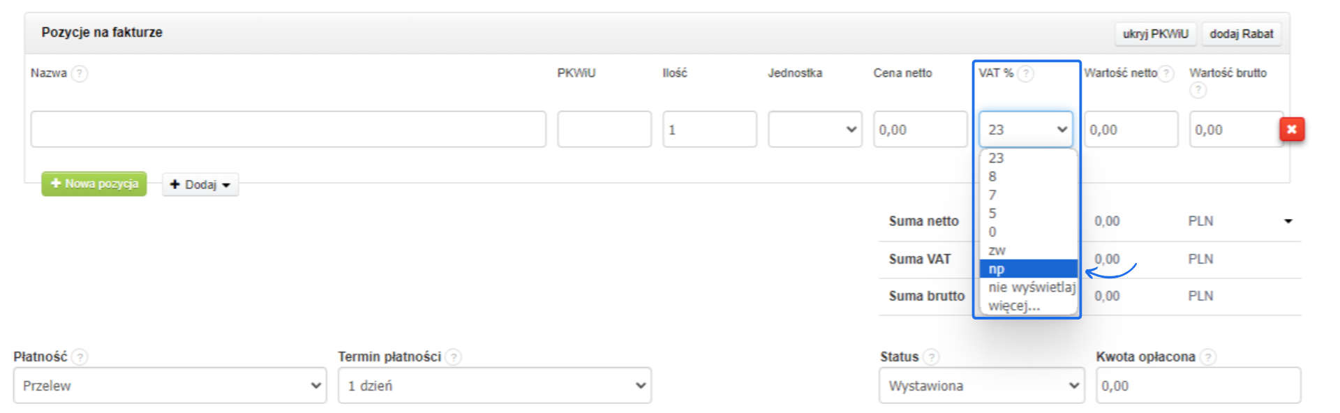 Wybór stawki VAT w Fakturownia podczas dodawania pozycji na fakturze, z opcją 'np' zaznaczoną w rozwijanym menu.