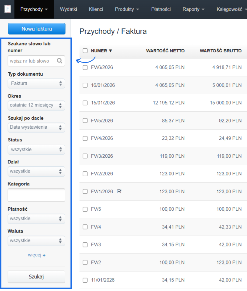 Lista faktur w systemie Fakturownia z panelem do filtrowania dokumentów po datach, typie dokumentu czy statusie.