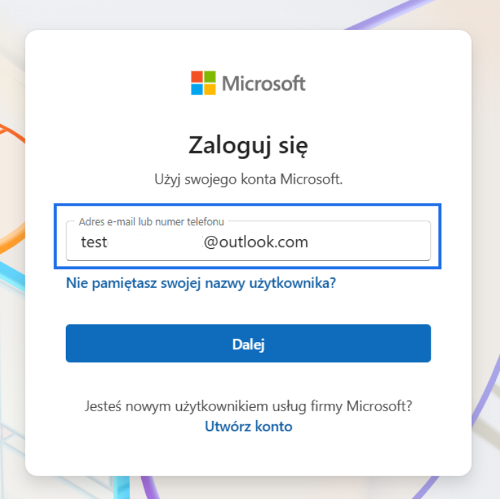 Formularz logowania do konta w Microsoft wymagane do połączenia z Fakturownią.