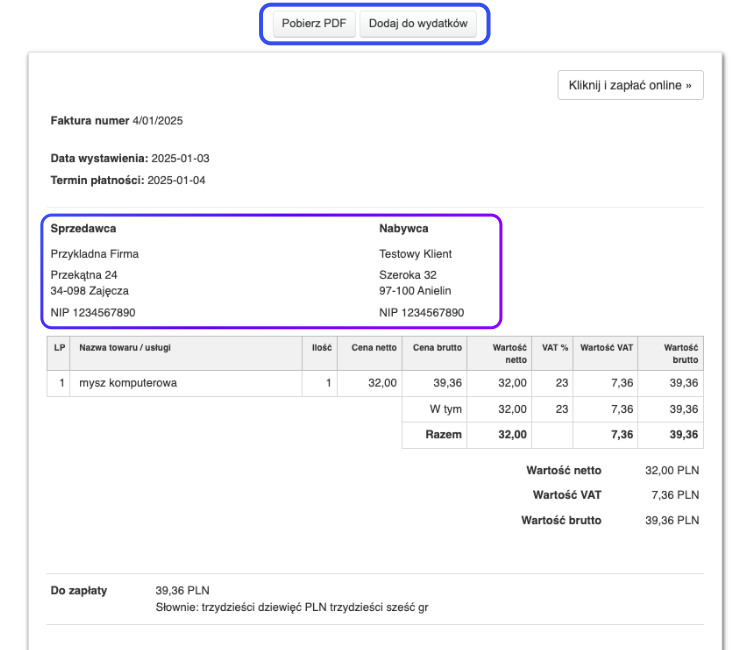 Widok faktury w systemie Fakturownia z podglądem szczegółowych danych klienta i opcji pobrania dokumentu w formacie PDF lub dodania go do wydatków.