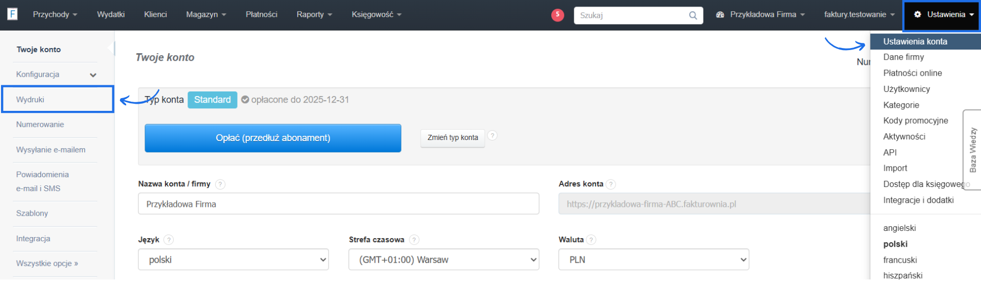 Ustawienia systemu do fakturowania online z podstawowymi informacjami o koncie oraz aktywną zakładką dotyczącą wyglądu wydruków.