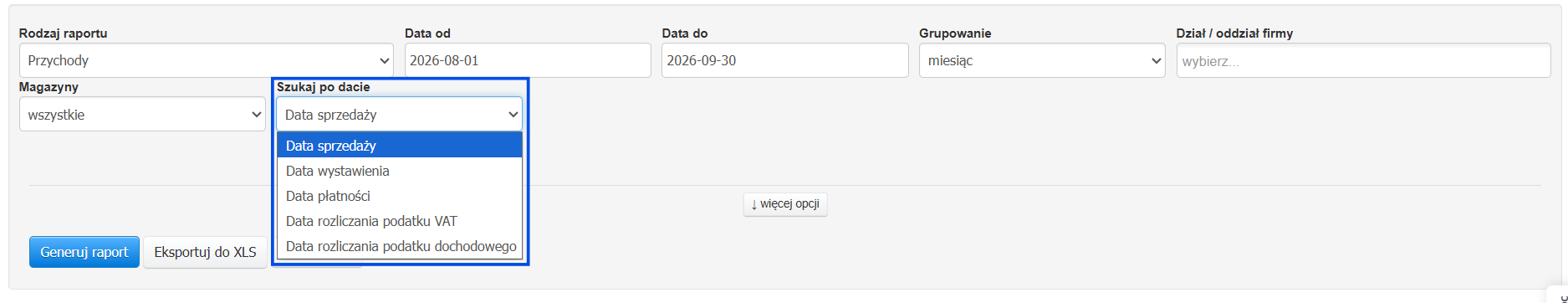 Szczegółowe ustawienia raportu przychody z opcją wyboru zakresu dat, grupowania, działu i daty wyszukiwania.