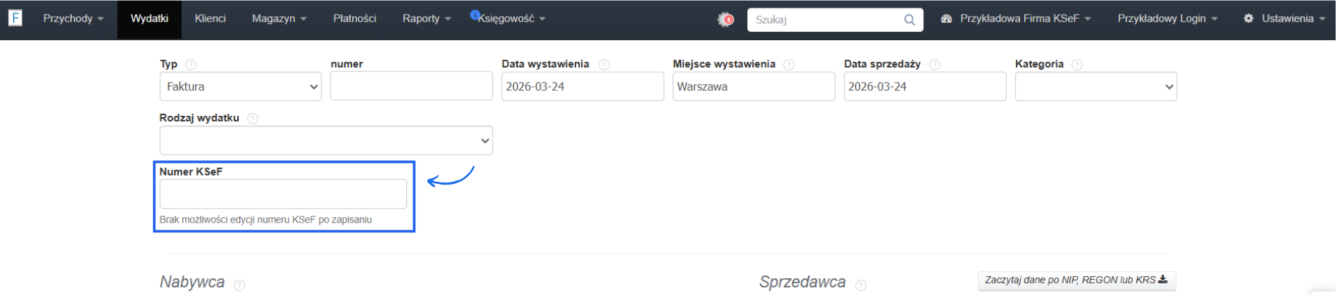Formularz tworzenia faktury kosztowej z polem Numer KSeF.