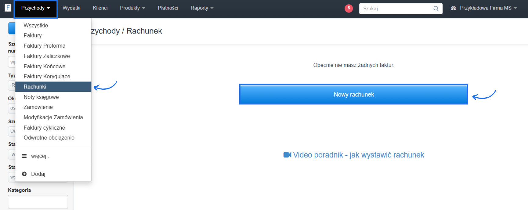Lista rachunków wystawionych na koncie z przyciskiem 'Nowy rachunek' do stworzenia nowego dokumentu.