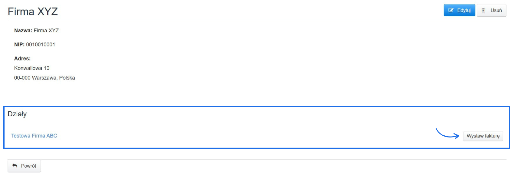 Karta wystawcy ze szczegółowymi danymi, opcję edycji, usunięcia oraz wystawienia faktury przy powiązanym dziale.