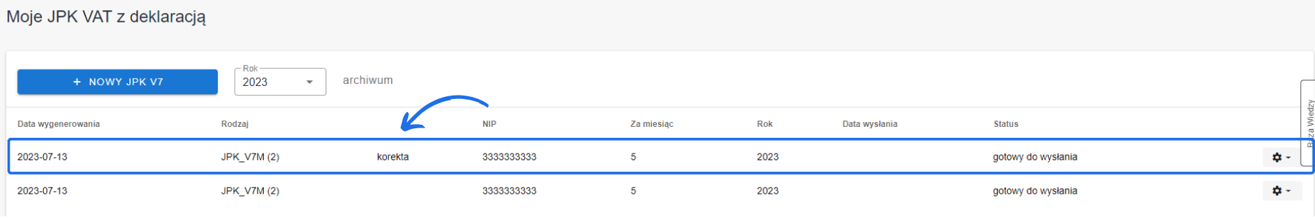 Lista wygenerowanych plików JPK V7 z oznaczeniem 'korekta'. Podświetlony wiersz z dokumentem gotowym do wysyłania.