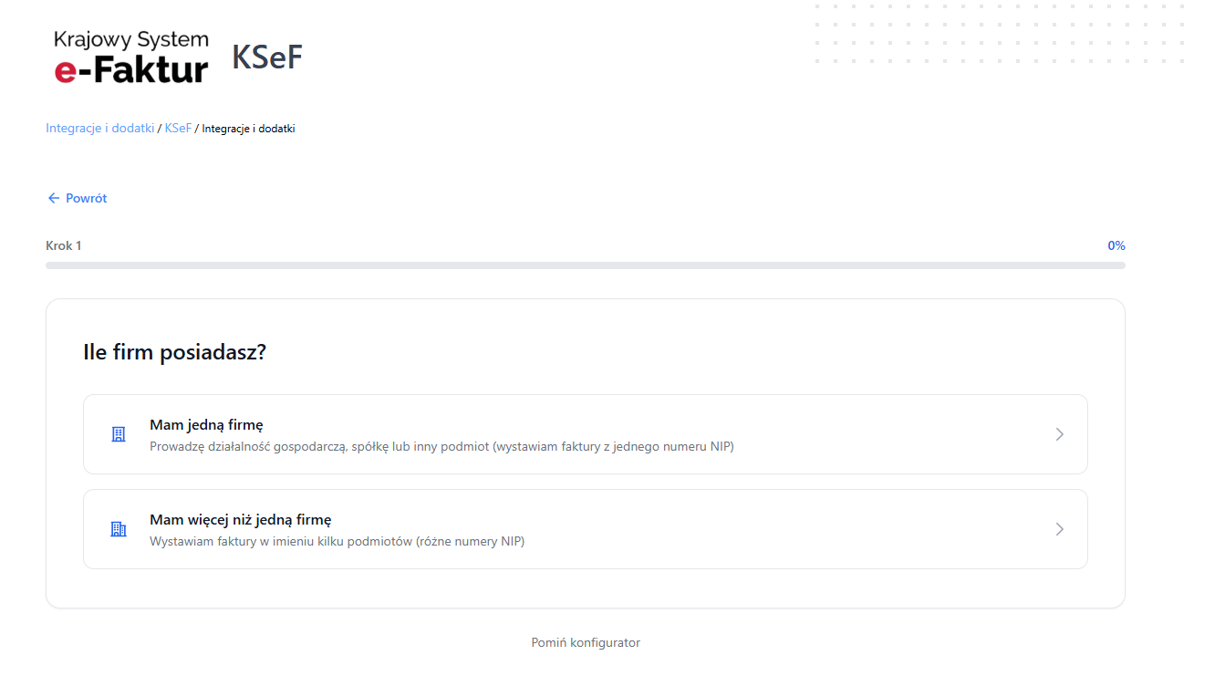 Konfigurator wyboru metody uwierzytelnienia KSeF w Fakturowni.