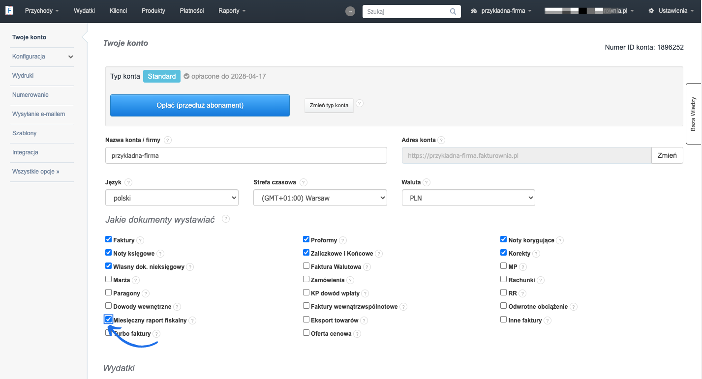 Ustawienia konta w panelu fakturownia, zaznaczenie opcji 'Miesięczny raport fiskalny' oraz dostępne typy dokumentów do wystawiania.