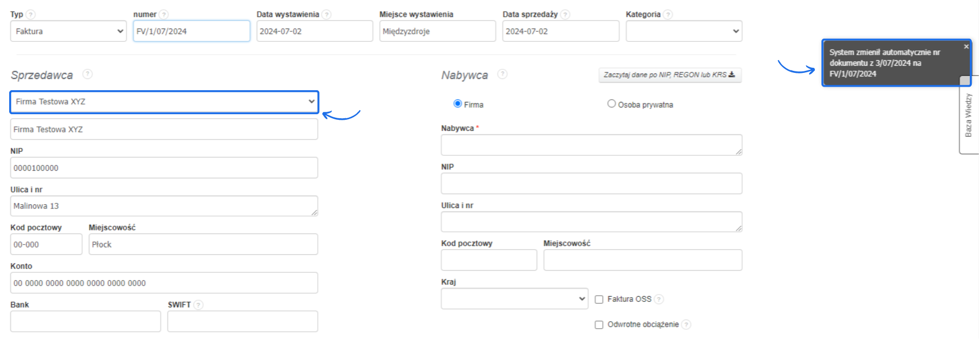 Formularz faktury z opcją wyboru sprzedawcy i automatyczną zmianą numeru dokumentu w systemie.