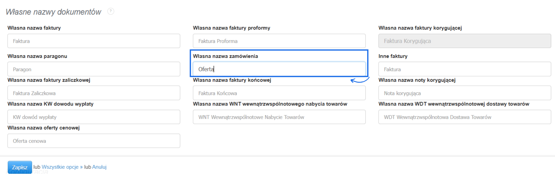 Formularz nadania własnej nazwy dla dokumentu nieksiegowego zamówienie w systemie do fakturownia online.