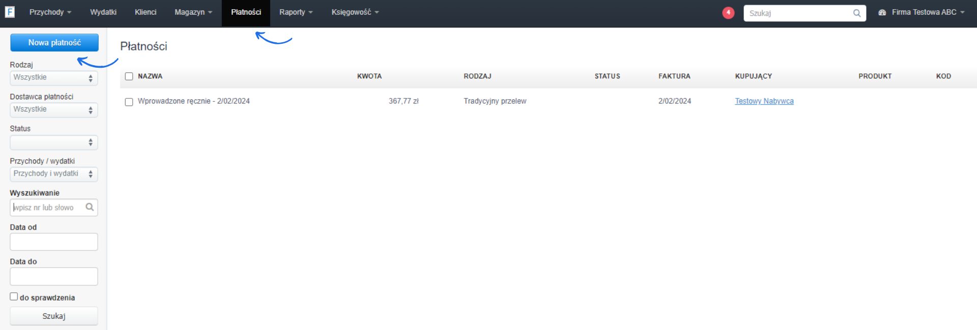 Zakładka 'Płatności' w systemie księgowym z widoczną listą płatności, filtrem wyszukiwania oraz przyciskiem 'Nowa płatność' po lewej stronie.