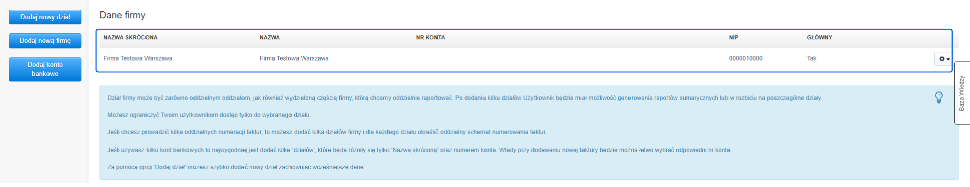 Widok zakładki Dane firmy z listą dodanych działów – pokazuje firmę główną z nazwą skróconą, NIP-em i statusem głównym.